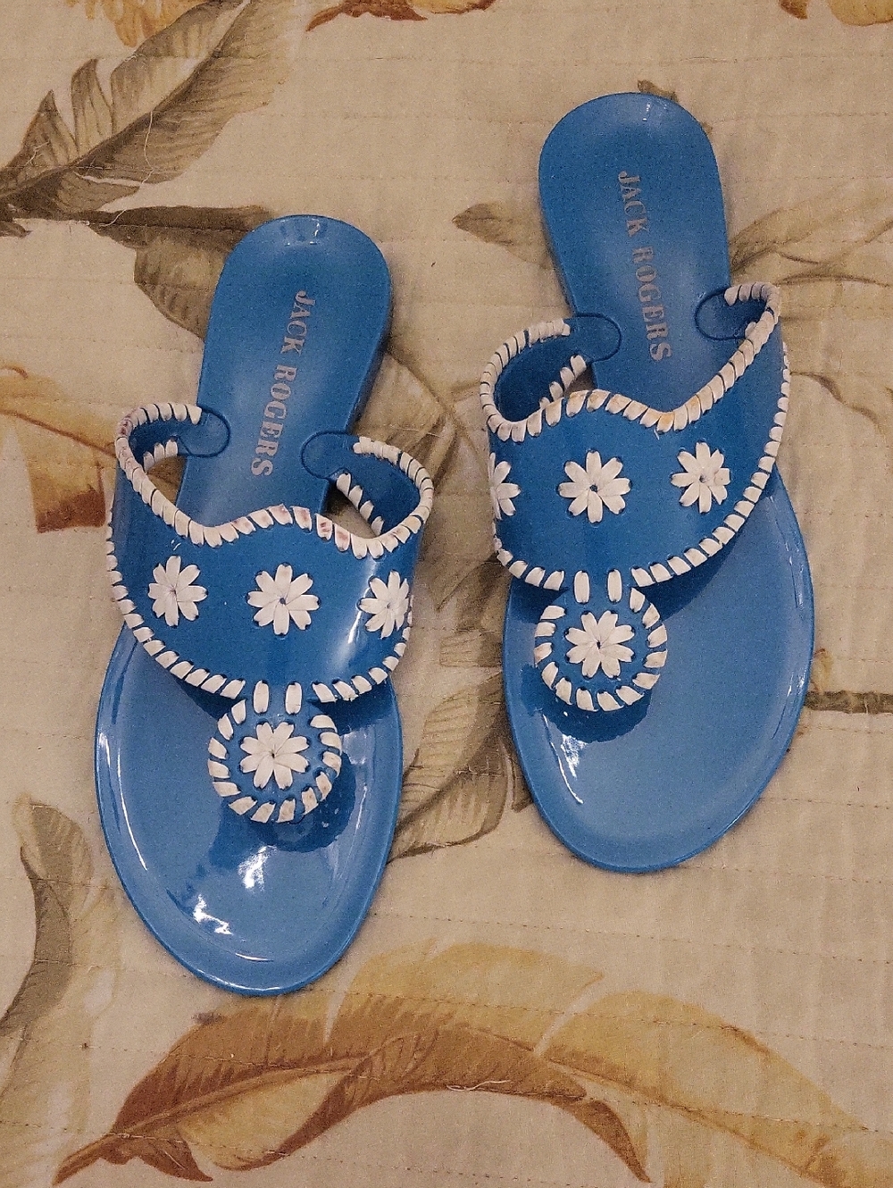 Jack Rogers Blue Floral Leather Thong Sandals with White Trim